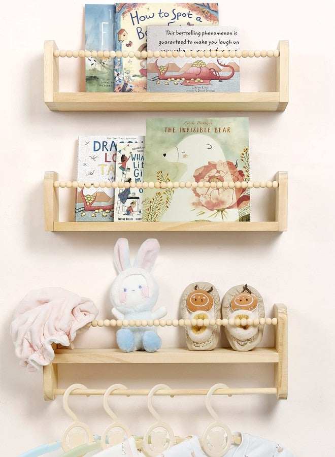 Maxpeuvon Nursery Floating Shelves for Wall, Set of 3 Book Shelves Natural Wood Wall Mounted Organizer with Towel Bar Hanging Bookshelves Nursery Decor for Kids Room, Bedroom and Kitchen - Image 1